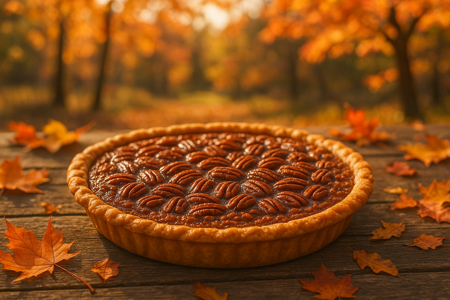 pecan pie on a outdoor table in fall