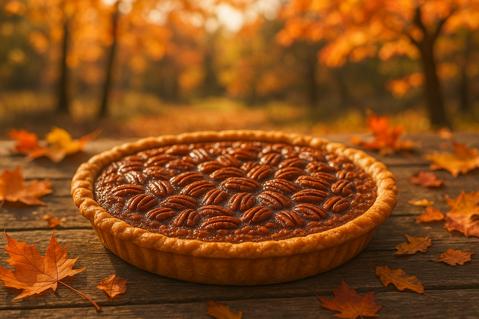pecan pie on a outdoor table in fall